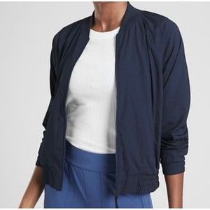 ATHLETA ULTRA LIGHT WEIGHT NAVY FULL ZIP BOMBER  UTILITY WINDBREAKER JACKET